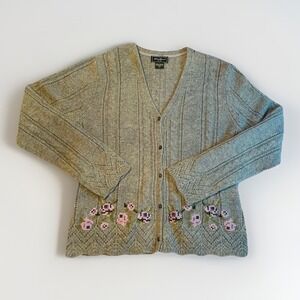 Eddie Bauer 100% Lambswool Floral Knit Cardigan Sweater Women's Tall L